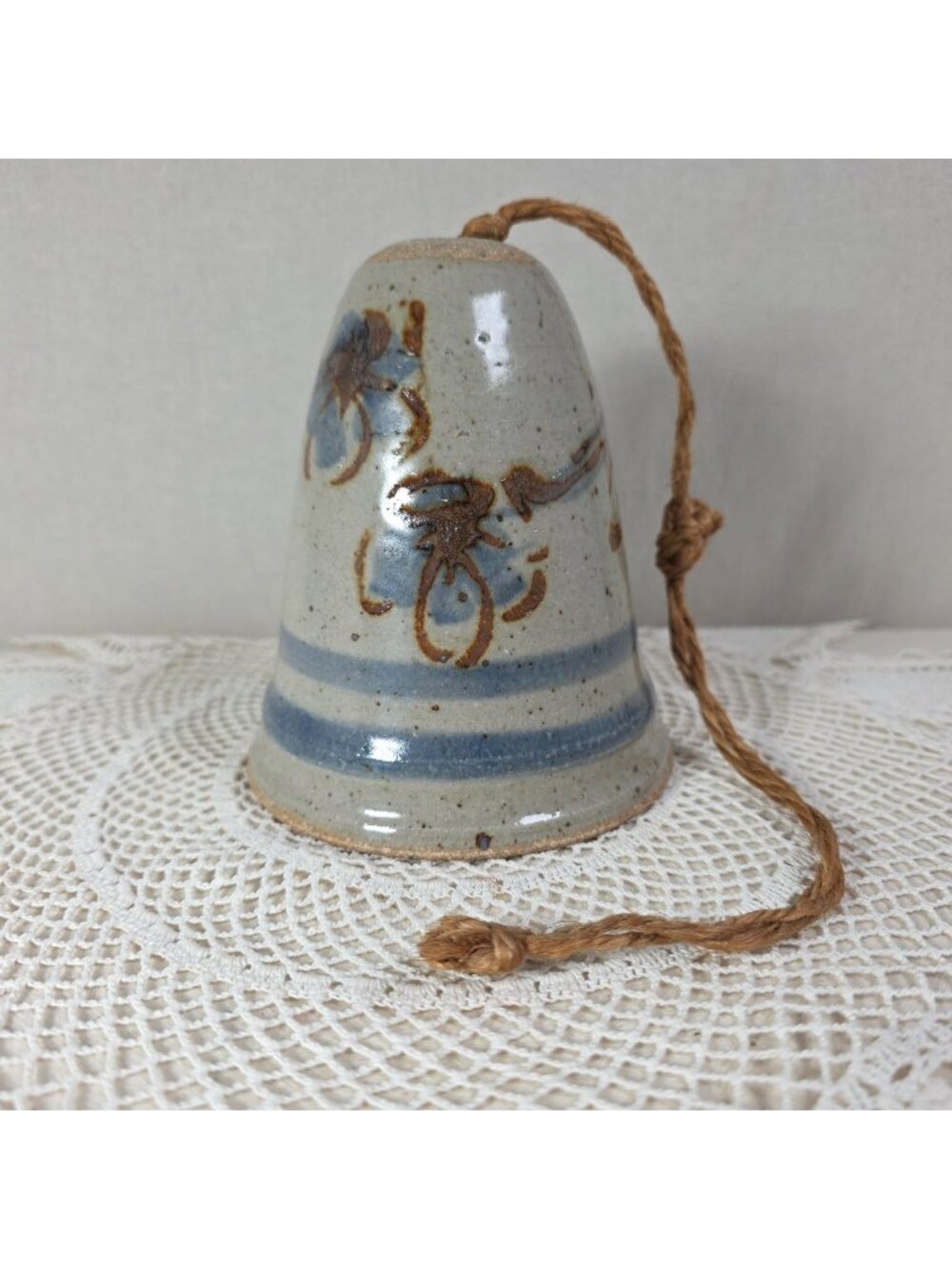 Vintage Stoneware Wind Bell With Hand Painted Cobalt Blue Floral Motifs & Rustic